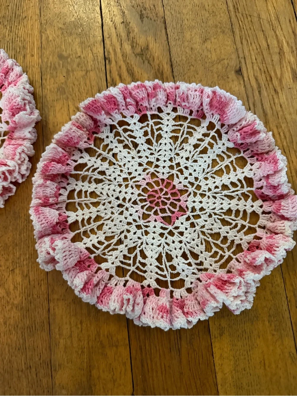 Handmade White and Pink Crochet Doilies - Set of 2
